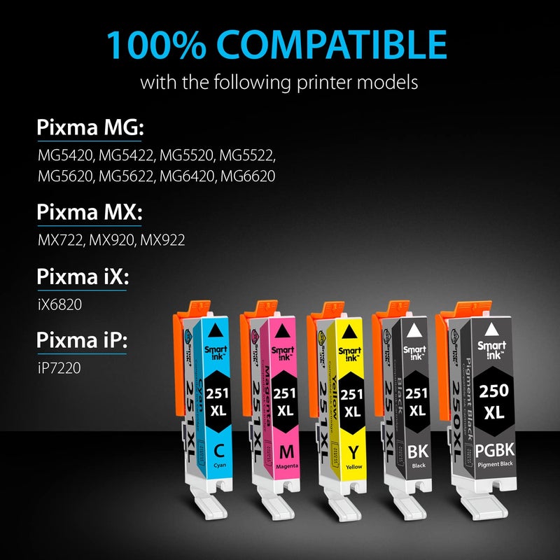 Smart Ink Compatible Ink Cartridges Replacement for Canon PIXMA PGI 250XL CLI 251XL PGI 250 CLI 251 (1 PGBK & 1 Black/C/M/Y 5 Combo Pack) for Canon MX920 MX922 iP7220 iX6820 MG5420 MG6620 MG5520 - Image 3